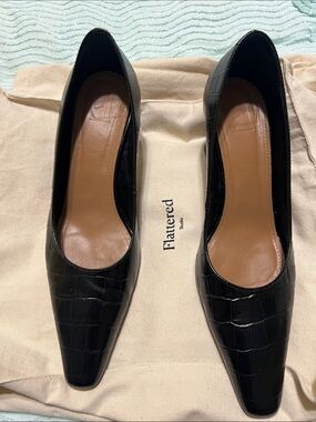 Flattered Black Croc-Embossed Pointed Toe Pumps
